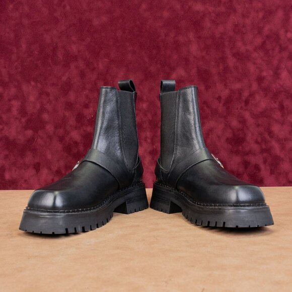 ASOS Design Women Black Leather Buckle Platform Chelsea Moto Boots sz 8US UK6 - Picture 2 of 8